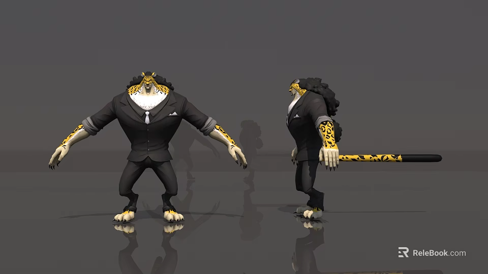 Anthropomorphic Tiger Character in Black Suit with White Tie and Clawed Paws Game Movie Design 3d model 