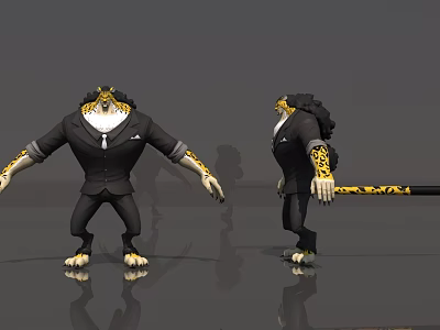 Anthropomorphic Tiger Character in Black Suit with White Tie and Clawed Paws Game Movie Design 3d model
