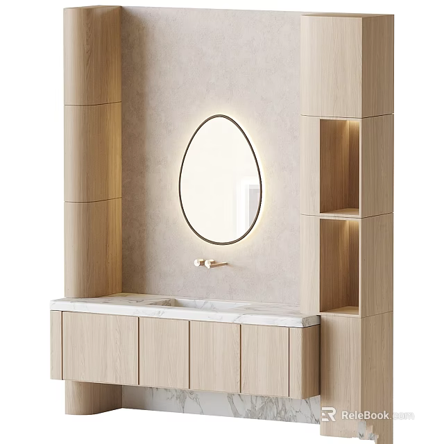 Minimalist Bathroom Vanity With Oval Backlit Mirror Light Wood Cabinets And Marble Countertop 3d model 