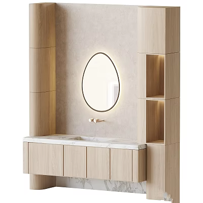Minimalist Bathroom Vanity With Oval Backlit Mirror Light Wood Cabinets And Marble Countertop 3d model