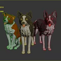 Three Low Poly Dog Characters With Red Black And Gray Coats Standing Together