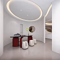 Modern Style Lobby Interior With Curved White Walls Circular Ceiling Lights And Spiral Staircase