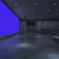 Modern Lobby Interior With Black Striped Ceiling Gray Walls And Curved Reception Desk