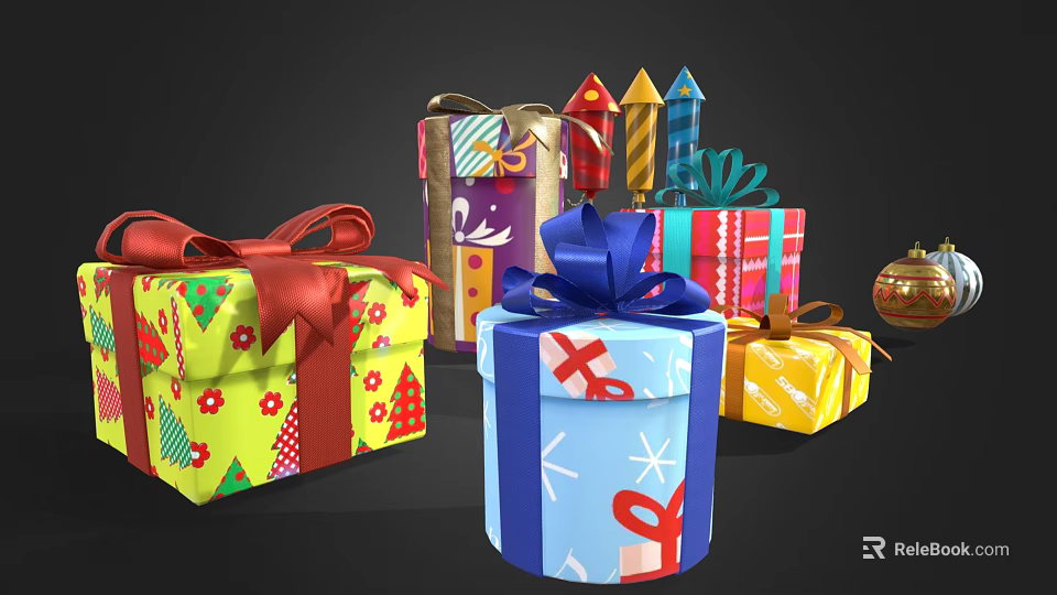 Colorful Decorative Ornament Set With Festive Gift Boxes Bows And Patterns 3d model 