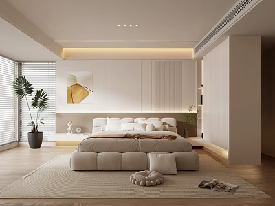 Modern Bedroom Interior With Large Bed Area Rug Potted Plant And Decorative Painting 3d model