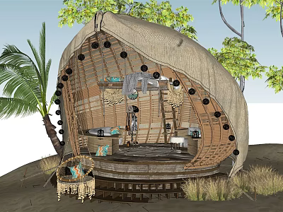 Round Wooden Hut With Thatch Roof Surrounded By Palm Trees And Natural Setting 3d model
