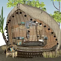Round Wooden Hut With Thatch Roof Surrounded By Palm Trees And Natural Setting