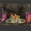 Rustic Stone Wall Fireplace With Bright Burning Flames And Stacked Cheese Blocks 3d model