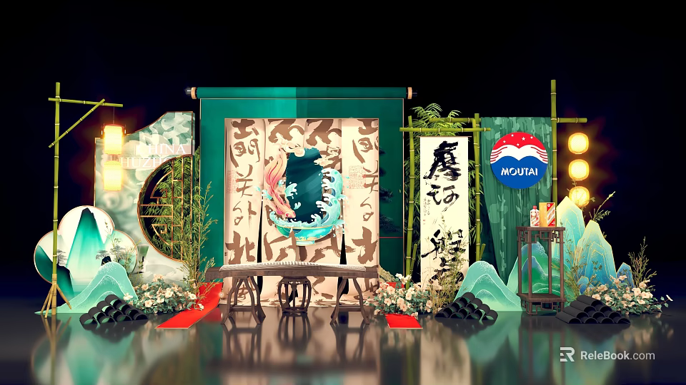 Yanghe Themed Chinese Display With Bamboo Lanterns Screen And Mountain Decorations 3d model 