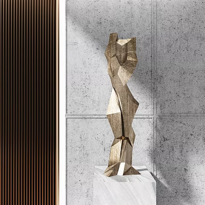 Modern Geometric Wooden Sculpture Artistic Carving With Gray Wall Background And White Base 3d model