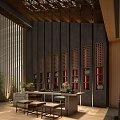 Elegant Chinese Style Private Dining Room Interior With Carved Ceiling Chandelier Round Table And Chairs