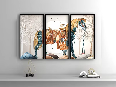 Decorative Animal Paintings Featuring Horse With Tree Background And Three Panel Design 3d model
