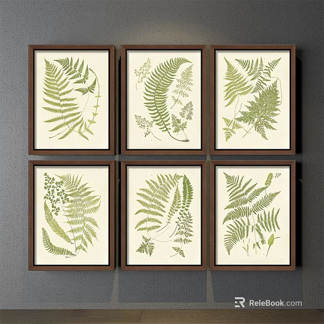 Framed Botanical Prints With Fern Leaves And Various Designs On Gray Wall 3d model 