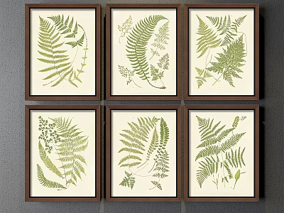 Framed Botanical Prints With Fern Leaves And Various Designs On Gray Wall 3d model