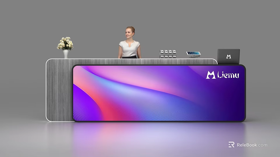 Modern Reception Desk With Receptionist Flower Vase And Uionu Logo On Gradient Screen 3d model 