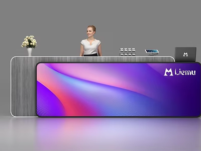 Modern Reception Desk With Receptionist Flower Vase And Uionu Logo On Gradient Screen 3d model