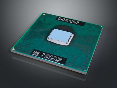 CPU Chip With Green Circuit Board And Silver Core Model Label Integrated Circuit Design 3d model