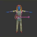 Woman With Dreadlocks In Blue Denim Shirt Jeans Holding Red Guitar Arms Outstretched Gray Background