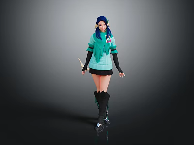 Stylish Game Movie Character With Blue Hair Green Sweater Black Skirt And Leather Boots 3d model