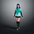 Stylish Game Movie Character With Blue Hair Green Sweater Black Skirt And Leather Boots