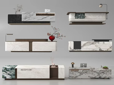 Modern Reception Desk With Marble Top Wooden Frame And Decorative Plants Table Lamp 3d model