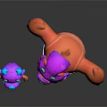 Cute Purple Cartoon Characters Big And Small With Green Eyes Blue Shorts And Yellow Dress