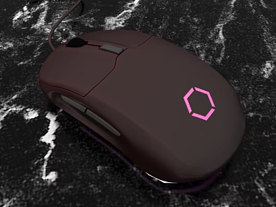 Dark Brown Wired Gaming Mouse With Pink Hexagonal Glowing Logo And Smooth Surface 3d model