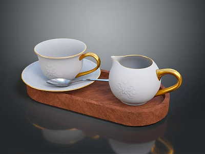 Decorative White Teacup And Milk Jug With Gold Trim On Wooden Tray Including Silver Spoon 3d model