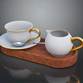 Decorative White Teacup And Milk Jug With Gold Trim On Wooden Tray Including Silver Spoon