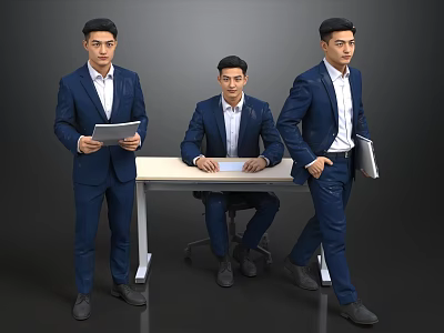 Men in Blue Suits Standing and Sitting with Tablet Document and Folder at Table 3d model