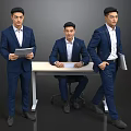 Men in Blue Suits Standing and Sitting with Tablet Document and Folder at Table