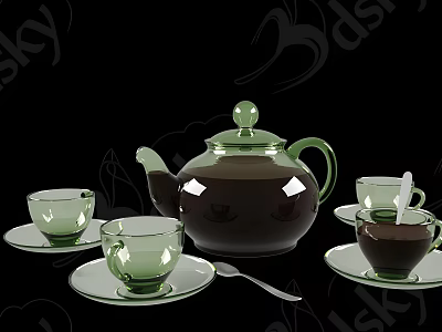 Elegant Glass Tea Set With Brown Teapot Green Cups Saucers And Spoon 3d model