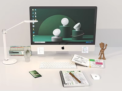 iMac Desktop Setup With White Desk Lamp Keyboard Mouse Notebook And Office Supplies 3d model