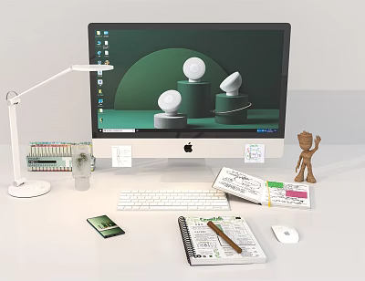 iMac Desktop Setup With White Desk Lamp Keyboard Mouse Notebook And Office Supplies 3d model