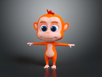 Cute Cartoon Monkey Character with Orange Body Red Top Big Blue Eyes and Arms Outstretched 3d model