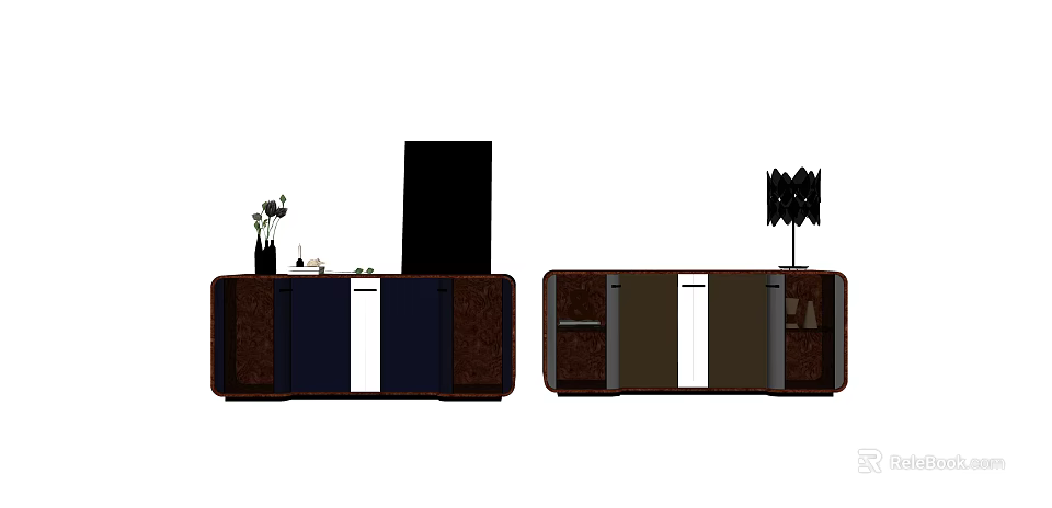 Modern TV Stand Design With Dark Brown And Blue Cabinets And Decorative Items On Top 3d model 