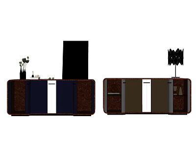 Modern TV Stand Design With Dark Brown And Blue Cabinets And Decorative Items On Top 3d model