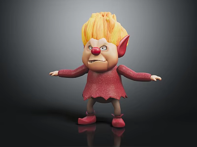 Angry Elf Character With Yellow Hair Red Outfit Standing Pose 3d model