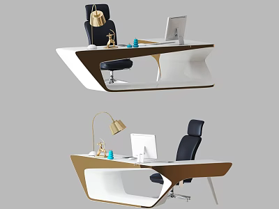 Modern Office Desk Design With Black Chair Computer Lamp And Gold Accents 3d model