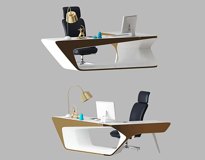 Modern Office Desk Design With Black Chair Computer Lamp And Gold Accents 3d model