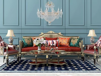 Luxurious Red Sofa And Coffee Table Set With Blue Wall Crystal Chandelier And Patterned Rug 3d model