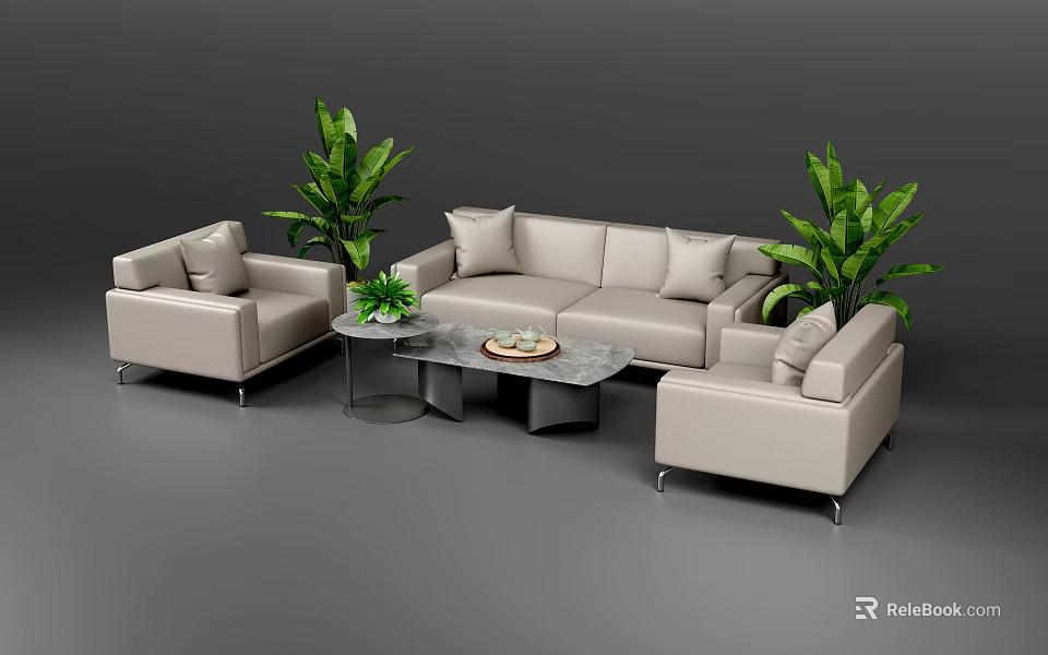 Light Gray L Shaped Sofa And Coffee Table Set With Armchairs And Green Plants 3d model 
