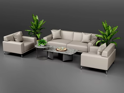 Light Gray L Shaped Sofa And Coffee Table Set With Armchairs And Green Plants 3d model