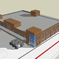 Modern Office Building Exterior With Glass Curtain Wall Brick Facade And Delivery Trucks