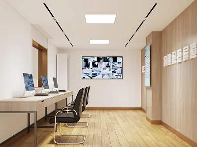 Modern Office Interior With Long Desk Multiple Computers Black Chairs Wooden Flooring And Large Screen 3d model