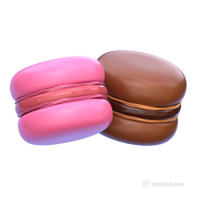 Two Delicious Pink and Brown Macarons With Creamy Filling as Sweet Treat 3d model 