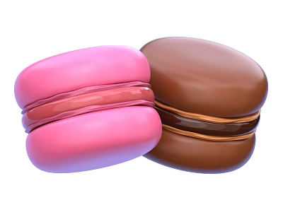 Two Delicious Pink and Brown Macarons With Creamy Filling as Sweet Treat 3d model