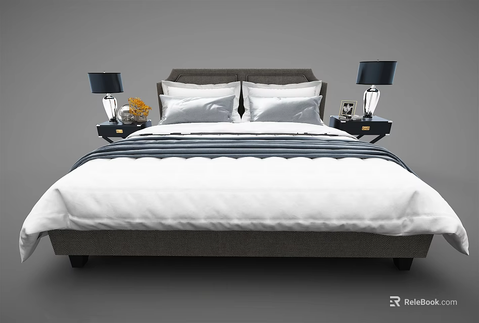 Modern Double Bed With White Bedding Striped Bedspread And Nightstand Lamps 3d model