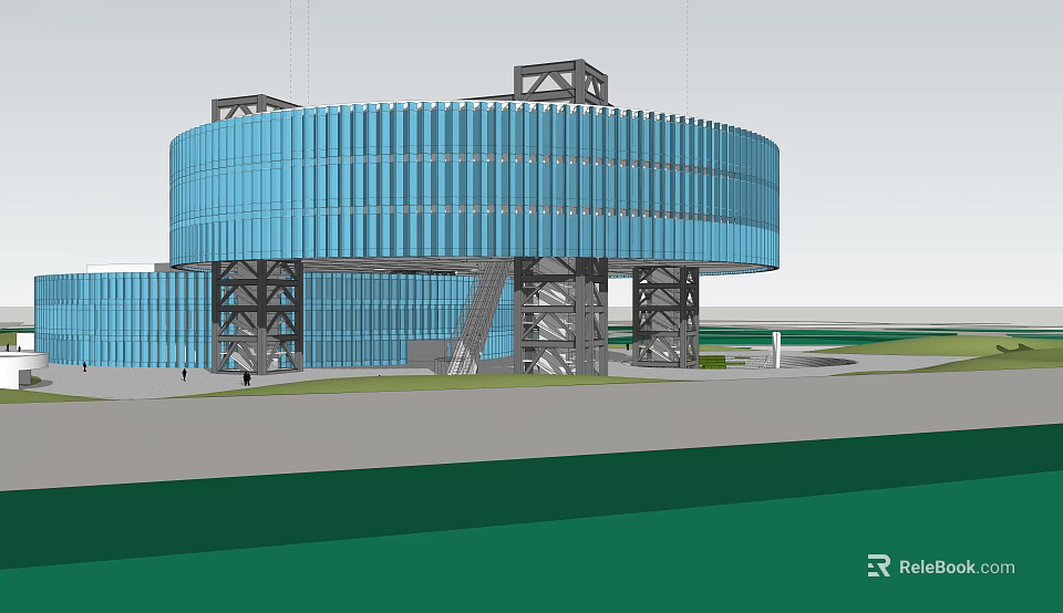 Modern Blue Circular Building With Metal Support Structure And Architectural Design 3d model 