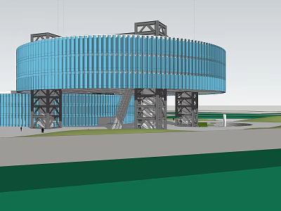 Modern Blue Circular Building With Metal Support Structure And Architectural Design 3d model